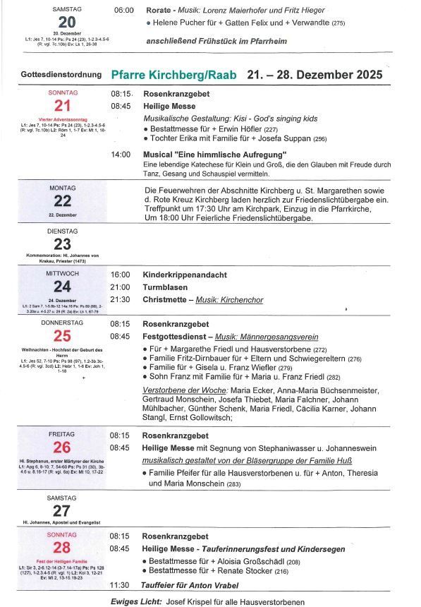 Wöchentlicher Gottesdienstplan vom 21. bis 28. Dezember 2025 für die Pfarrgemeinde Kirchberg/Raab. Details umfassen Termine, Uhrzeiten und Beschreibungen verschiedener religiöser Dienste und Veranstaltungen, einschließlich Messen, Firmungen und besonderer Gottesdienste.
