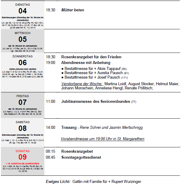Wöchenlicher Zeitplan mit Daten und Uhrzeiten für verschiedene Veranstaltungen, einschließlich Bestätigungen, Jubiläen und Messen. Die Veranstaltungen sind für jeden Wochentag aufgelistet.