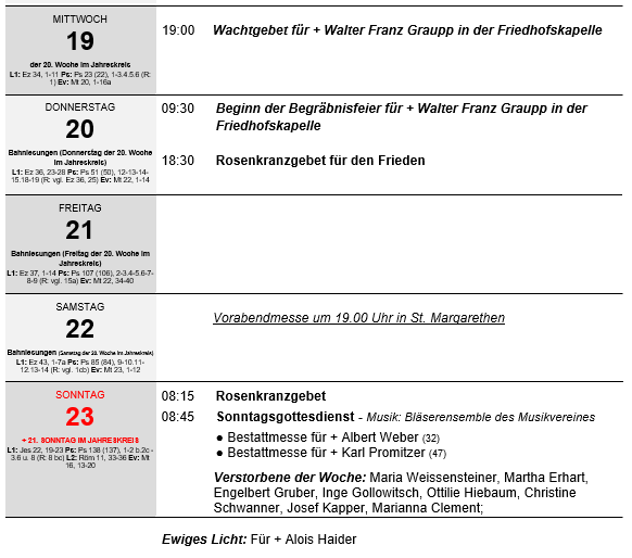 A weekly schedule for the 20th week of the year, including dates, times, and events such as a funeral service, a wreath-laying ceremony, and a Sunday mass.