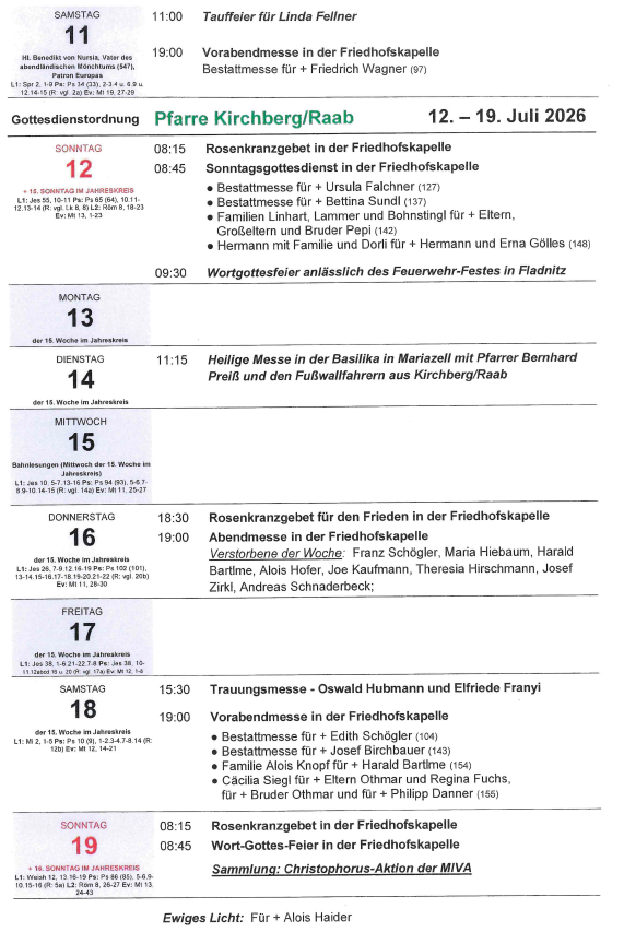 A document listing religious services and masses from July 12 to July 19, 2026, including details such as times, locations, and names of individuals for whom masses are being offered.