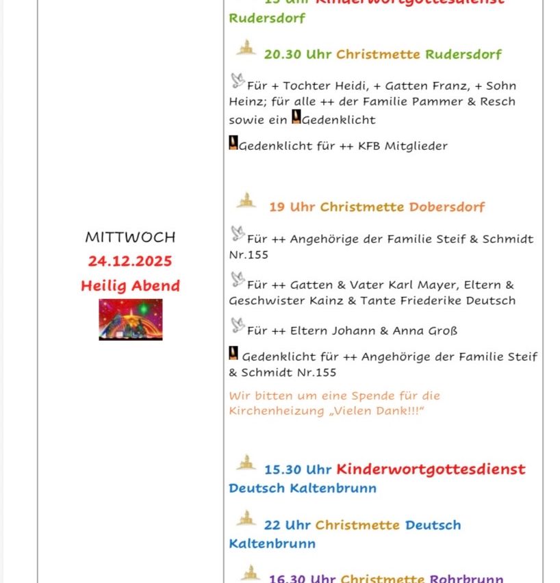 Das Bild enthält einen Zeitplan für Weihnachtsgottesdienste in deutschen Dörfern. Es listet Zeiten, Orte und Teilnehmer für verschiedene Kirchengottesdienste auf. Es enthält auch eine Bitte um Spenden für die Kircheninstandhaltung.