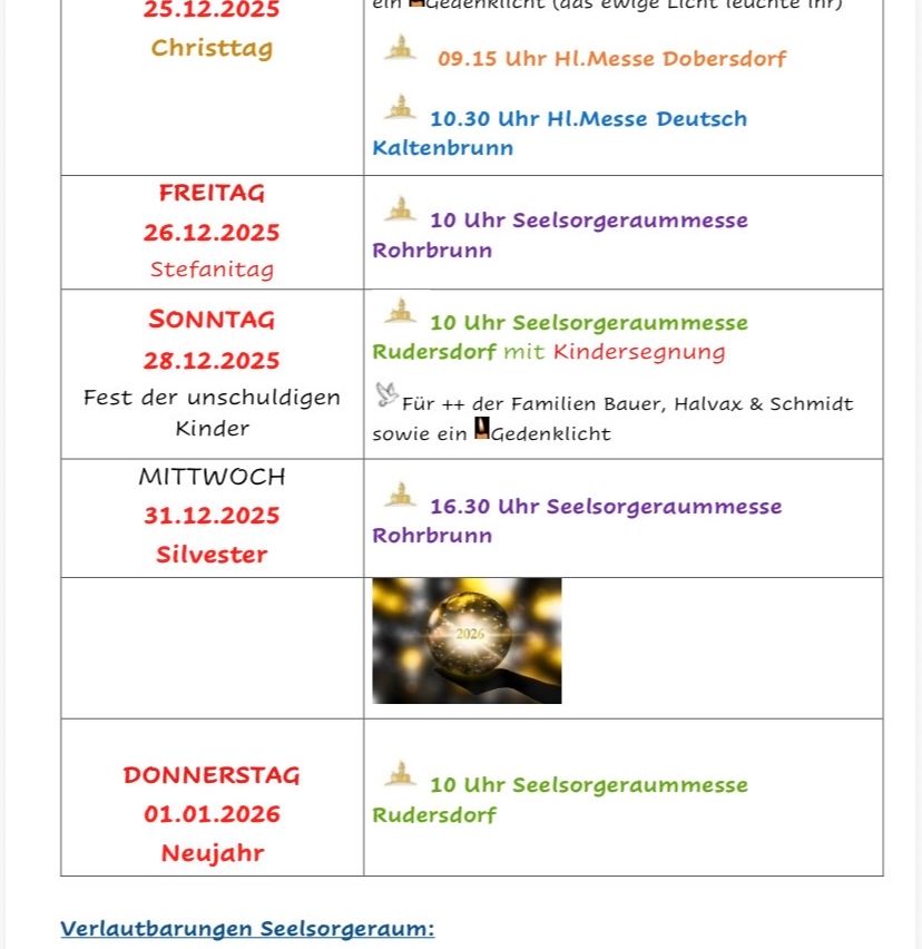 Das Bild zeigt einen Zeitplan von Gottesdiensten, einschließlich Weihnachten, Stephanitag und Silvester, mit Zeiten und Orten. Es gibt auch einen Gottesdienst zum Jahreswechsel, einen Kindersegen und ein Gebet für Familien.
