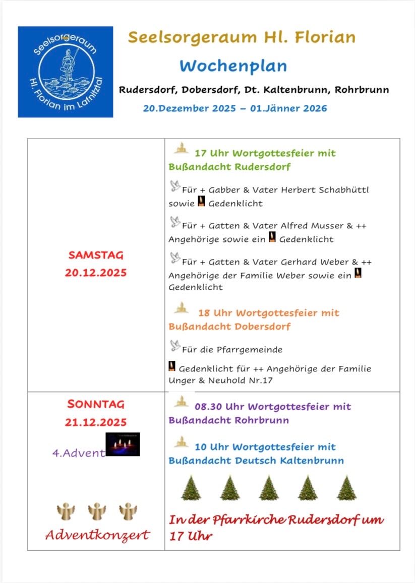 Ein Plakat bewirbt Gedenkfeiern an verschiedenen Orten vom 20. Dezember 2025 bis 1. Januar 2026. Es sind Veranstaltungen in Rudersdorf, Dobersdorf, Kaltenbrunn und Rohrbrunn geplant. Die Ereignisse umfassen Wortgedächtnisfeiern mit einer lokalen Gemeinschaft, einschließlich Kerzenanzünden und Gebeten.
