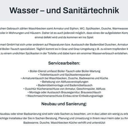 Das Bild informiert über Wasser- und Sanitärtechnik und betont die Bedeutung professioneller Reparaturen und Wartung von Badezimmerarmaturen. Es erwähnt häufige Probleme und die angebotenen Dienstleistungen wie Boileraustausch, Wasserhahnreparatur und Installation von Küchen- und Waschmaschinenverbindungen.
