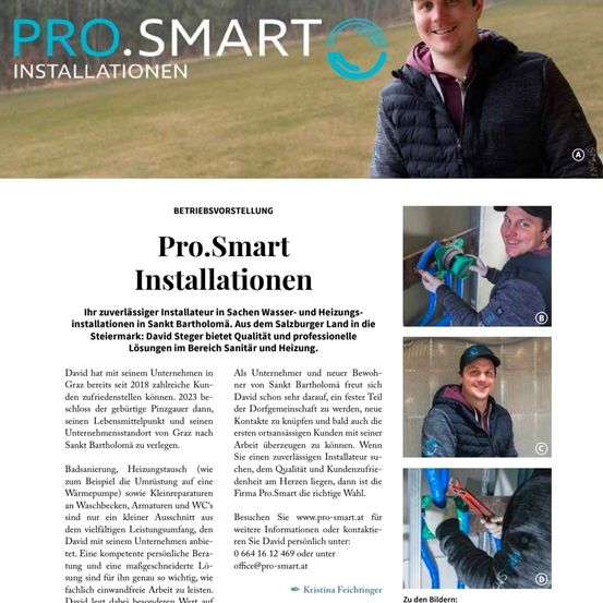 Ein Mann, der beim Installieren einer Wasserleitung lächelt. Pro.Smart Installationen, ein Unternehmen, das sich auf Sanitär- und Heizungsinstallationen spezialisiert hat, ist seit 2018 in Betrieb. Das Unternehmen wird von David Steger geleitet, der hochwertige und professionelle Lösungen in den Bereichen Sanitär und Heizung anbietet.