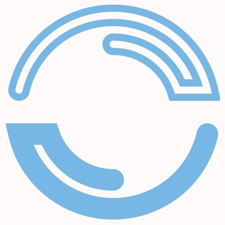 Ein blaues Symbol, das einer stilisierten 'S'-Form ähnelt, mit geschwungenen Linien und einem zentralen Punkt auf weißem Hintergrund.