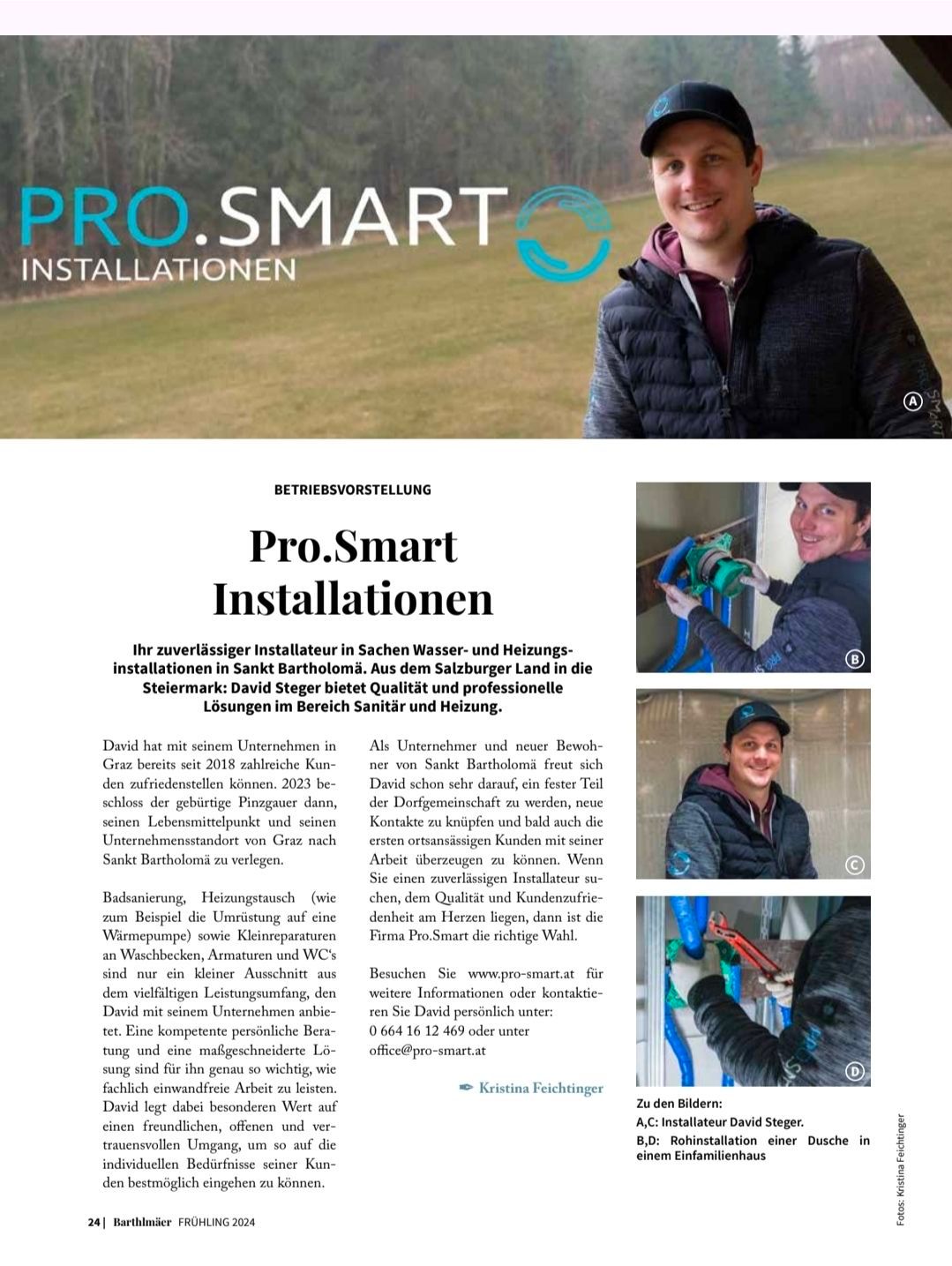 Image shows Pro.Smart Installations. An image of a smiling man holding a tool. It says he is a reliable installer in the fields of water and heating. The image also includes text about contacting the company.