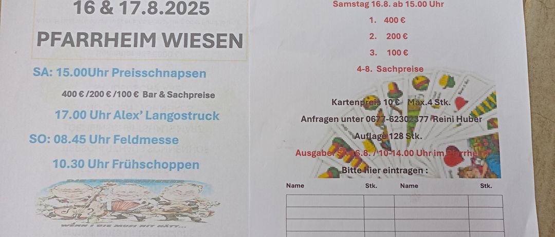 Plakat für eine Sommer Gaudi Veranstaltung am 16. und 17. August 2025 in Wiesen. Der Eintrittspreis beträgt 400€, 200€, 100€ oder ist für Kinder frei. Preise für Bar und Merchandise sind angegeben. Die Veranstaltung beginnt um 15:00 Uhr. Kontaktieren Sie Relini Huber unter 0677-6230377.