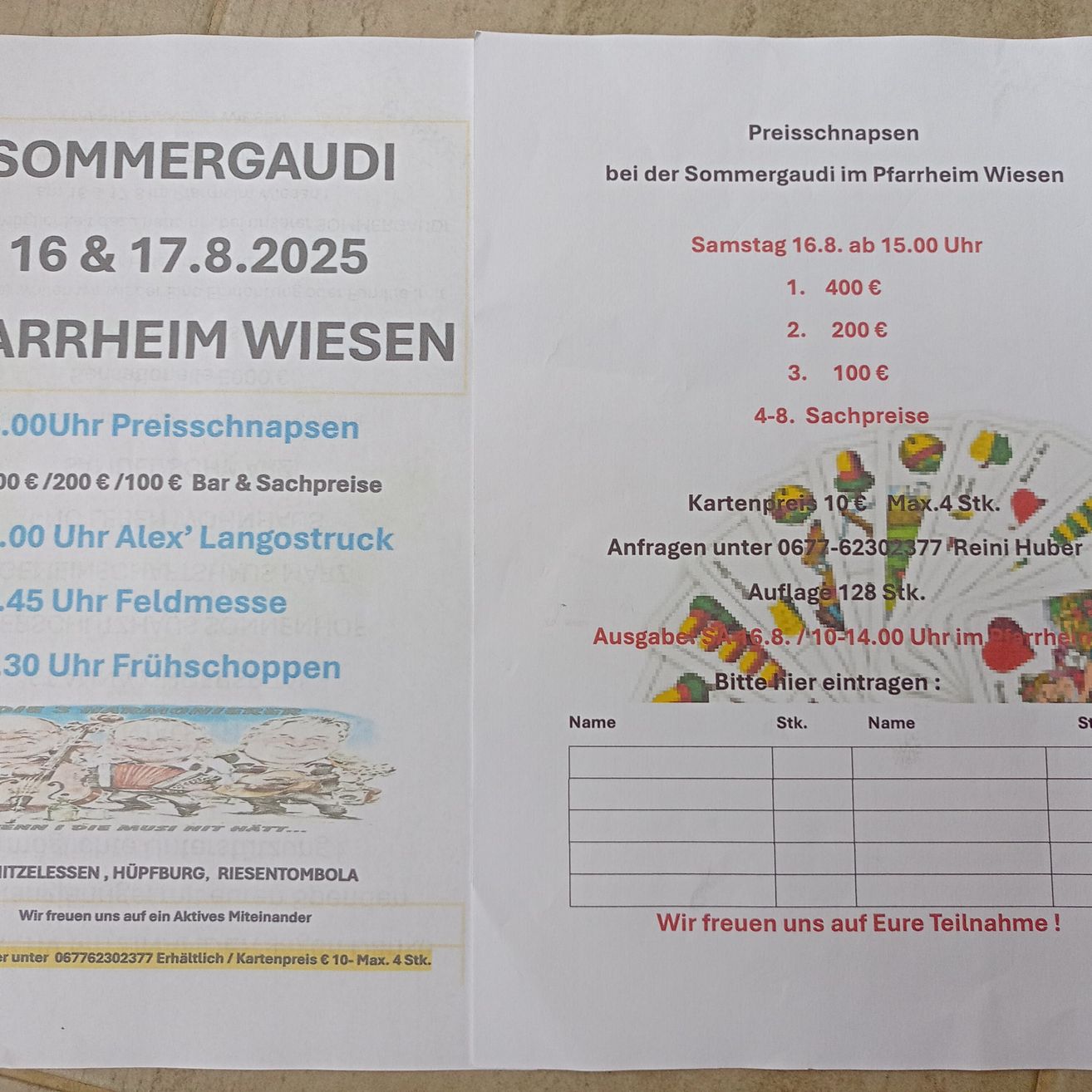 Das Bild zeigt einen Veranstaltungsflyer für Sommergaude im Pferdeheim Wiesen am 16. und 17. August 2025. Es enthält Preise für Eintritt und Preise, Aktivitäten und ein auszufüllendes Formular.