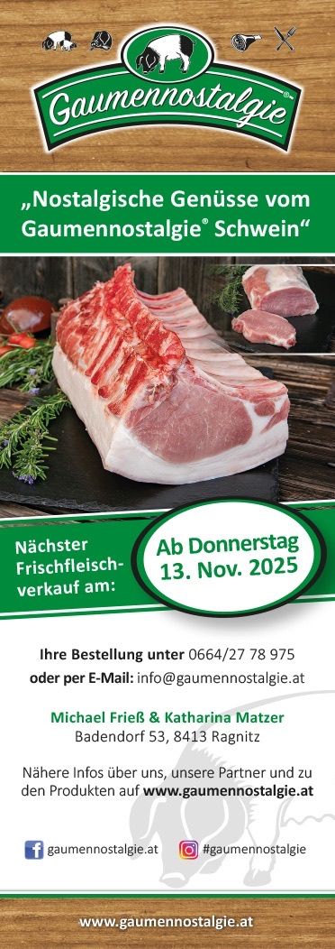 Eine Werbung für frisches Schweinefleisch mit einem Bild von Rippen. Der Text enthält ein Verkaufsdatum vom 13. November 2025. Es werden Kontaktdaten für die Bestellung per Telefon oder E-Mail angegeben.