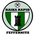 Das Logo von Raika Rapid Feffernitz zeigt einen Schild mit grünen und weißen Streifen, einer schwarzen Burg in der Mitte und dem Namen 'Raika Rapid Feffernitz' darüber.