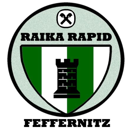 Das Logo von Raika Rapid Feffernitz zeigt einen Schild mit grünen und weißen Streifen, einer schwarzen Burg in der Mitte und dem Namen 'Raika Rapid Feffernitz' darüber.