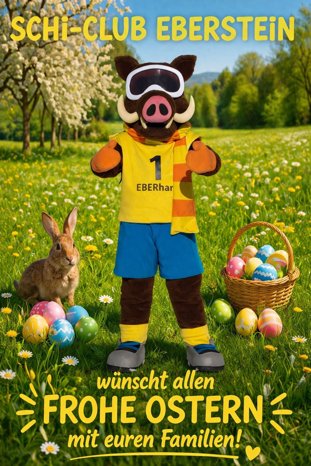 Ein Maskottchen mit einem gelben Trikot mit der Nummer 1 steht in einem Feld mit Blumen. Daneben ist ein Kaninchen und in der Nähe ist ein Korb voller Ostereier. Das Maskottchen gibt einen Daumen hoch.