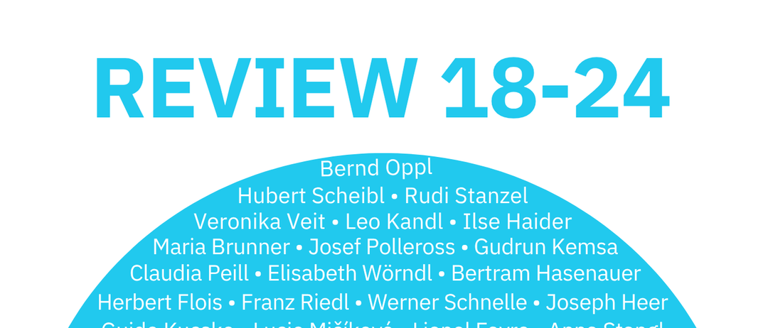 Ein Plakat listet Namen in zwei Spalten auf. Links: Bernd Oppt, Hubert Scheibl, Veronika Veit, usw. Rechts: Robert Puczynski, Elizaveta Podgornaia, usw. Unten: Einladung zum Gespräch am 3. Juni 2025 um 19:00 Uhr.
