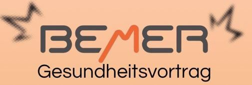 Das Bild zeigt das Logo für 'BEMER', einen Gesundheitsvertrag, mit einem abstrakten Design auf einem pfirsichfarbenen Hintergrund.