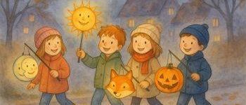 Fünf Kinder gehen gemeinsam in einer festlichen Herbstszene, halten Laternen und Kürbisse. Die Sonnen- und Mondlaternen sind hell beleuchtet, und sie haben einen Fuchs bei sich. Der Hintergrund zeigt ein gemütliches Haus mit eingeschalteten Lichtern.