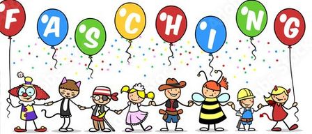 Eine bunte Illustration von Kindern in Kostümen, die sich an den Händen halten, mit Luftballons, die 'FASHING' über ihnen buchstabieren.