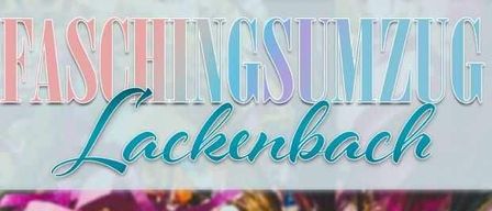 A colorful text banner that reads 'Fashingsmuzzug Lackenbach' in pink and blue fonts with a blurred background of people in various colors.