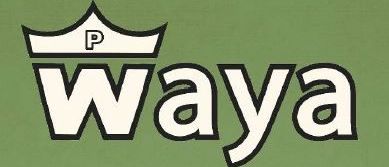 Auf einem grünen Hintergrund ist das 'P'-Logo mit einer Krone oben zu sehen. Darunter steht das Wort 'WAYA' in weißer kursiver Schrift.