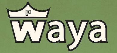 Das Bild zeigt das Logo von 'Waya' mit einem Kronensymbol über dem Wort 'Waya' auf grünem Hintergrund. Die Krone ist weiß mit schwarzem Umriss, und das Wort 'Waya' ist in Weiß und fettem Schriftstil.