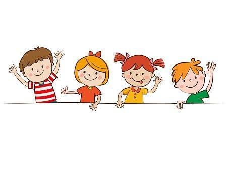 Fünf Kinder stehen in einer Reihe. Sie alle lächeln und heben ihre Hände. Sie stehen hinter einem weißen Banner.