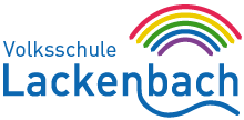 Das Bild zeigt das Logo der Volksschule Lackenbach mit einem Regenbogen oben rechts und blauem Text.