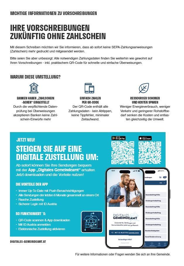 Das Bild zeigt eine digitale Umstellung von Rezepten. Es hebt die Vorteile der Verwendung von QR-Codes für Zahlungen, Ressourcenschonung und Kosteneinsparung hervor. Die App 'Digitales Gemeindeamt' ermöglicht Push-Benachrichtigungen, einfachen Zugriff auf aktuelle Rezepte und sichere Anmeldung. Sie funktioniert durch Scannen von QR-Codes, Herunterladen der App und Verwendung von ID Austria.