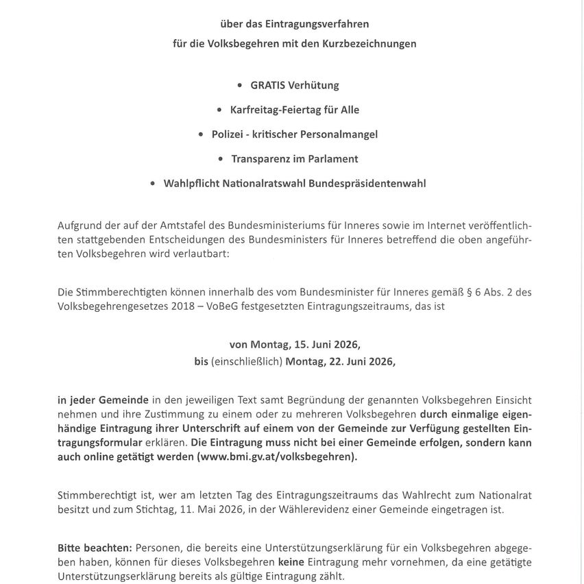 Das Dokument beschreibt den Wahlprozess für Bürger mit Kurzzeichen. Beinhaltet kostenlose Beförderung, Feiertag für alle, kritischer Personalmangel, Transparenz im Parlament und obligatorische Nationalrats- und Bundespräsidentenwahl. Das Wahlrecht gilt vom 15. Juni 2026 bis zum 22. Juni 2026.