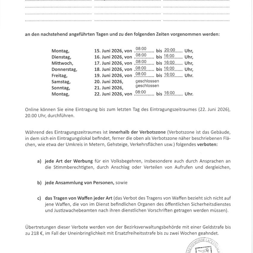 Ein Dokument gibt die nächsten Tage und Zeiten für den Eintritt in einen bestimmten Bereich an. Online-Registrierung ist bis zum letzten Tag des Registrierungszeitraums möglich. Die Verbotszone ist das Gebäude, in dem sich der Eingangsbereich befindet. Verbotene Aktivitäten umfassen Werbung, Versammlungen und das Tragen von Waffen. Verstöße werden mit Geldstrafen oder Freiheitsstrafen geahndet.