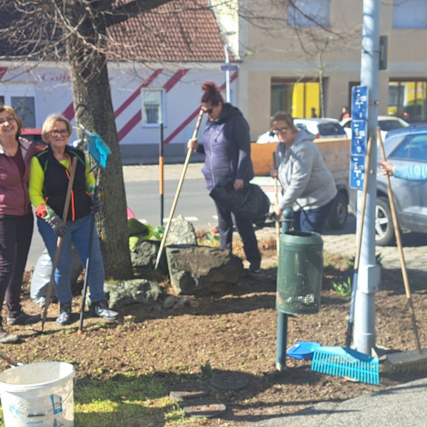 Fünf Frauen säubern einen Baum in einer städtischen Umgebung. Sie halten Besen und Kehrschaufeln. Ein Mülleimer steht in der Nähe, und ein Eimer liegt auf dem Boden.