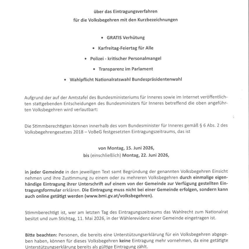 Das Dokument informiert über das Registrierungsverfahren für Volksbegehren, kostenlose Parkplätze am Tag ohne Autos, Polizeimangel, Transparenz im Parlament und die verpflichtende nationale Wahl für den Präsidenten. Es gibt den Registrierungszeitraum und die Rechte der berechtigten Wähler an.