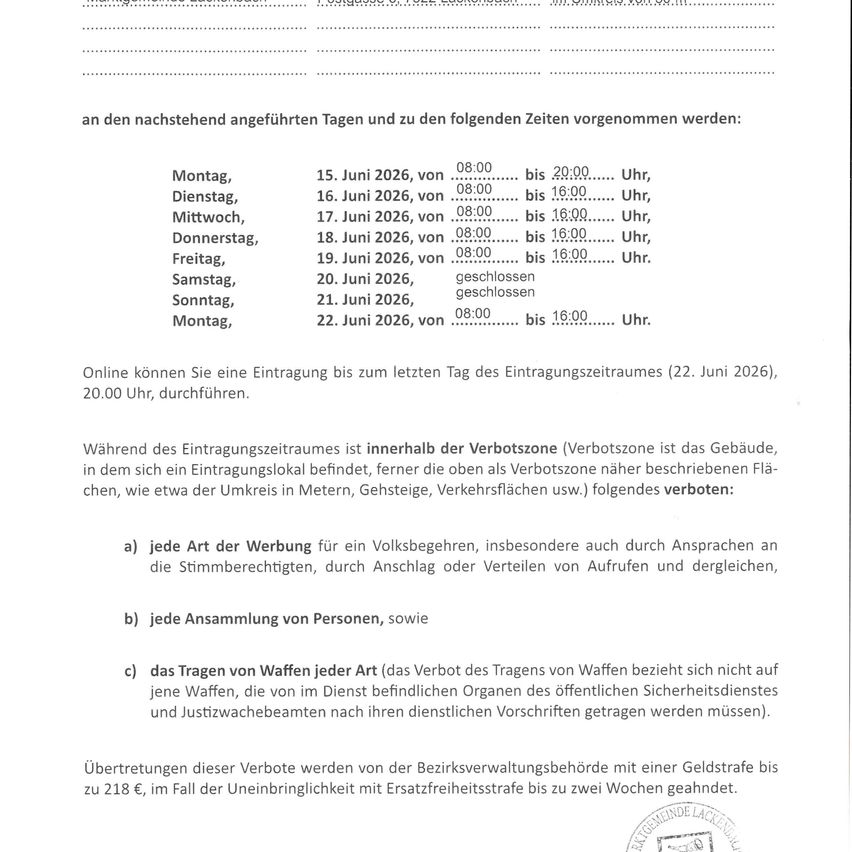 Liste der bevorstehenden Tage und Zeiten für eine Veranstaltung. Details umfassen Datumsangaben vom 15. Juni bis 22. Juni 2026, mit Zeiten von 08:00 bis 20:00 Uhr, außer am 20. Juni, der geschlossen ist. Online-Registrierung ist bis zum 22. Juni 2026, 20:00 Uhr, möglich. Verbotene Aktivitäten während des Anmeldezeitraums umfassen jede Form der Werbung, Versammlung und das Tragen von Waffen.