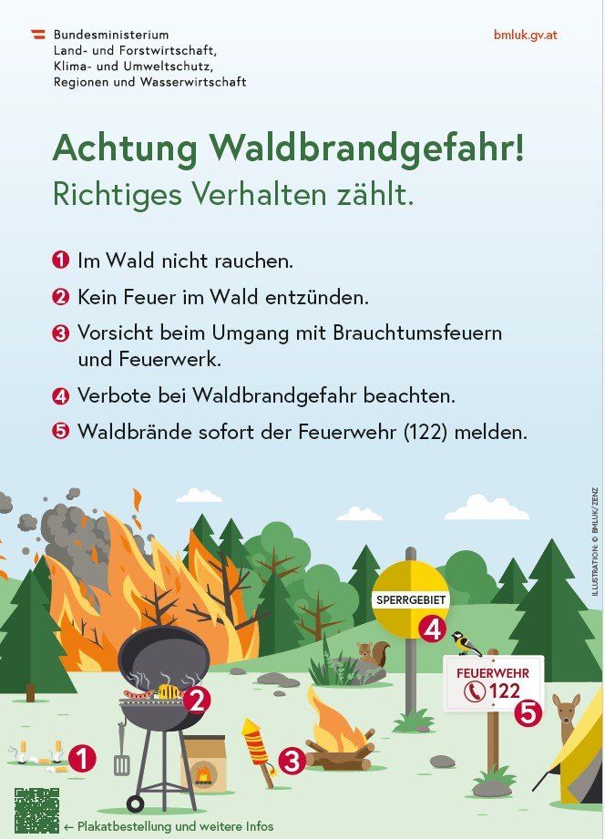 Ein Informationsposter zur Waldbrandprävention zeigt fünf Regeln, einschließlich Nichtrauchen im Wald, Vermeidung von Lagerfeuern und sofortige Meldung von Waldbränden. Es zeigt Illustrationen eines Waldbrandes, eines Grills und ein Schild mit der Feuerwehrnummer 122.