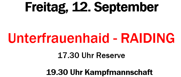 Plakat für ein Fußballevent. Es zeigt einen Spieler, der einen Ball tritt, einen Fußball und den Text 'ASKO Raiding'. Das Event ist am Freitag, 12. September. Reserveteam um 17:30 und Hauptteam um 19:30.