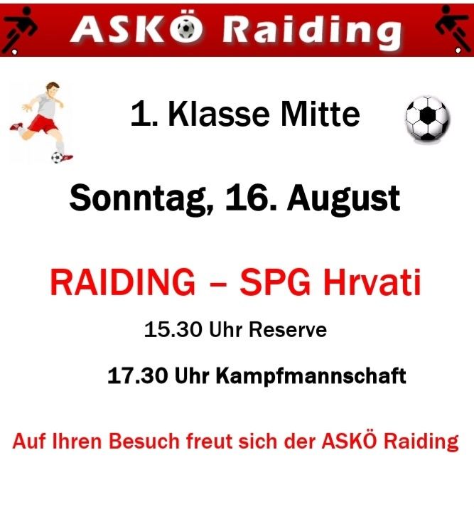 A soccer match poster for the 1. Klasse Mitte on August 16th. It features a player in action, a soccer ball, and the teams ASKO Raiding and SPG Hrvati. The match is scheduled for 15:30 and 17:30.