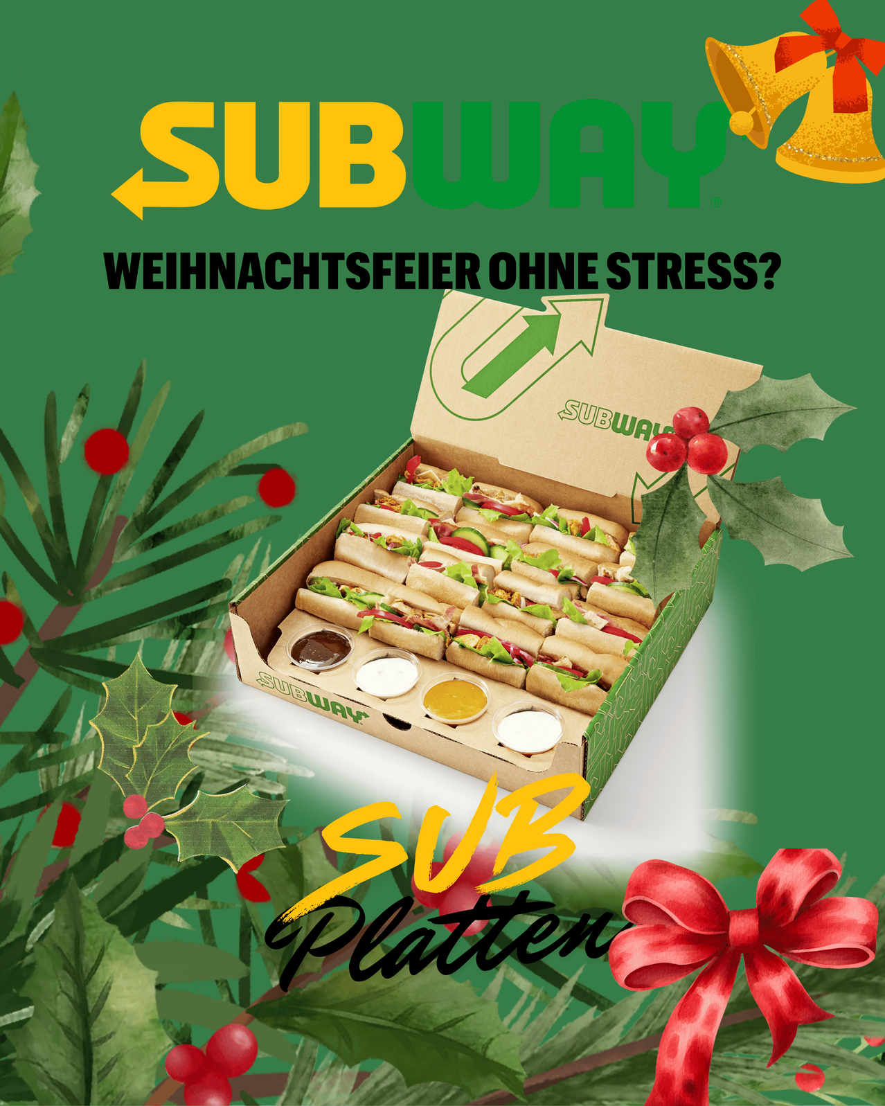 Werbung für Subway Weihnachtsplatten, zeigt eine Schachtel mit Sandwiches und Saucen vor einem festlichen, grünen Hintergrund.