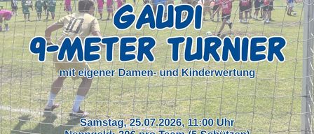Plakat für ein Gaudi-Meter-Turnier am 25.07.2026 um 11:00 Uhr. Eintrittsgebühr 30€ pro Team von 5 Spielern. Anmeldung über P. Hofbauer unter +43 664 88631924. Bier und Mixed-Getränke inklusive.