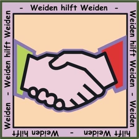 Eine Illustration von zwei sich schüttelnden Händen, die Teamarbeit symbolisiert. Der Text 'Weiden hilft Weiden' ist in einer stilisierten Schrift umgeben von einem farbenfrohen Rand. Das Design ist auf einem beigefarbenen Hintergrund mit mehrfarbigen Akzenten gesetzt.