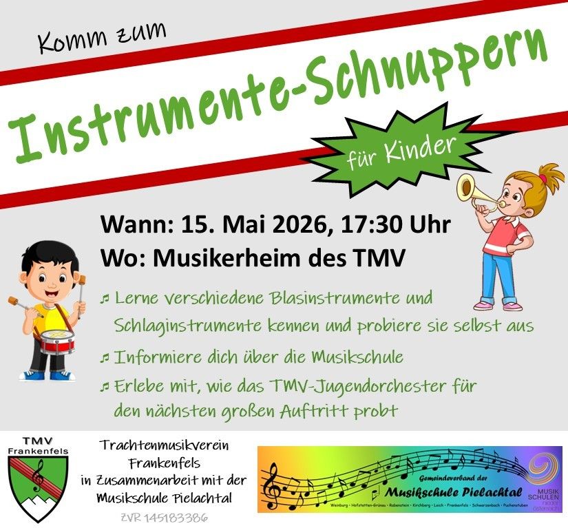 Komm zum Instrumente-Schnuppeln für Kinder. Lerne verschiedene Blasinstrumente und Schlaginstrumente kennen und probiere sie selbst aus. Informiere dich über die Musikschule. Erlebe mit, wie das TMV-Jugendorchester für den nächsten großen Auftritt probt.