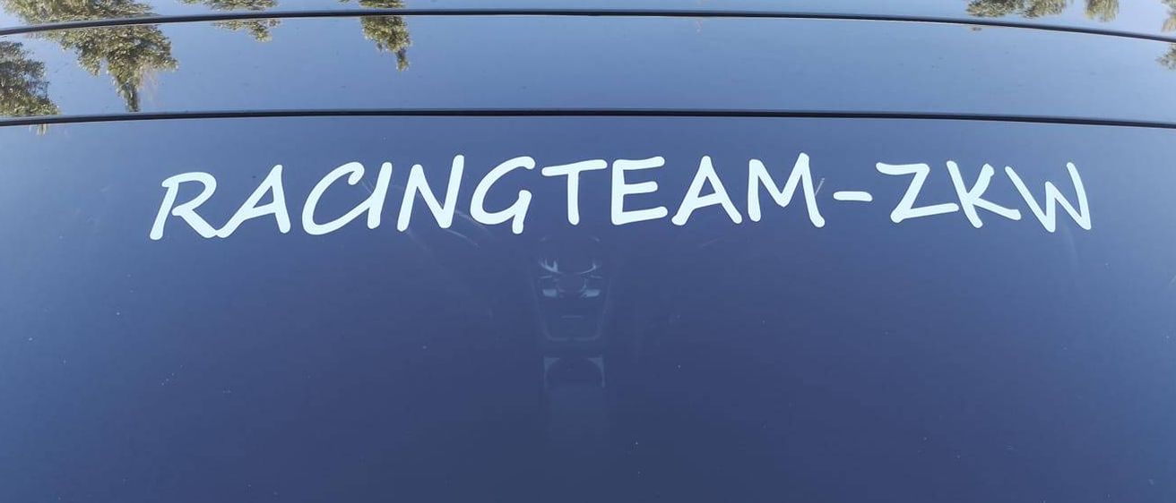 Ein blaues Auto mit einem weißen Aufkleber mit der Aufschrift 'RACINGTEAM-Z' auf dem Heck, reflektiert Bäume.