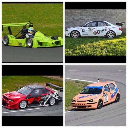 Vier Autobilder: ein grüner Go-Kart, ein weißes Auto mit 'Dsire'-Marke, ein rotes Auto mit 'P-Performance'-Marke und ein orangefarbenes Auto mit 'GTI'-Marke.