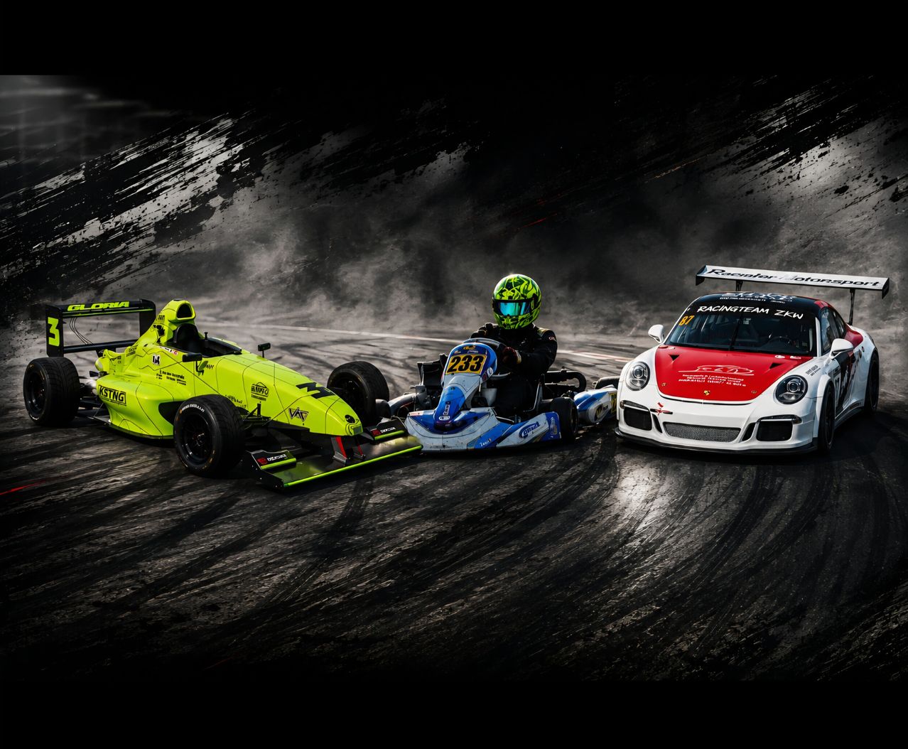 Three racing cars on a track, one yellow, one blue, and one red, with drivers wearing helmets. The yellow car has a number 4 on the side.