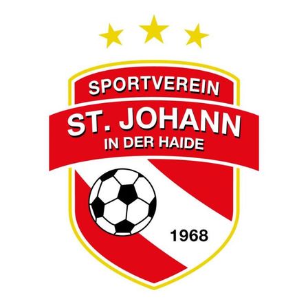 Das Logo des Sportvereins St. Johann in der Haide, gegründet 1968, zeigt einen Fußball mit drei gelben Sternen darüber. Der Text ist in fetter roter Schrift, mit den Worten St. Johann prominent angezeigt.