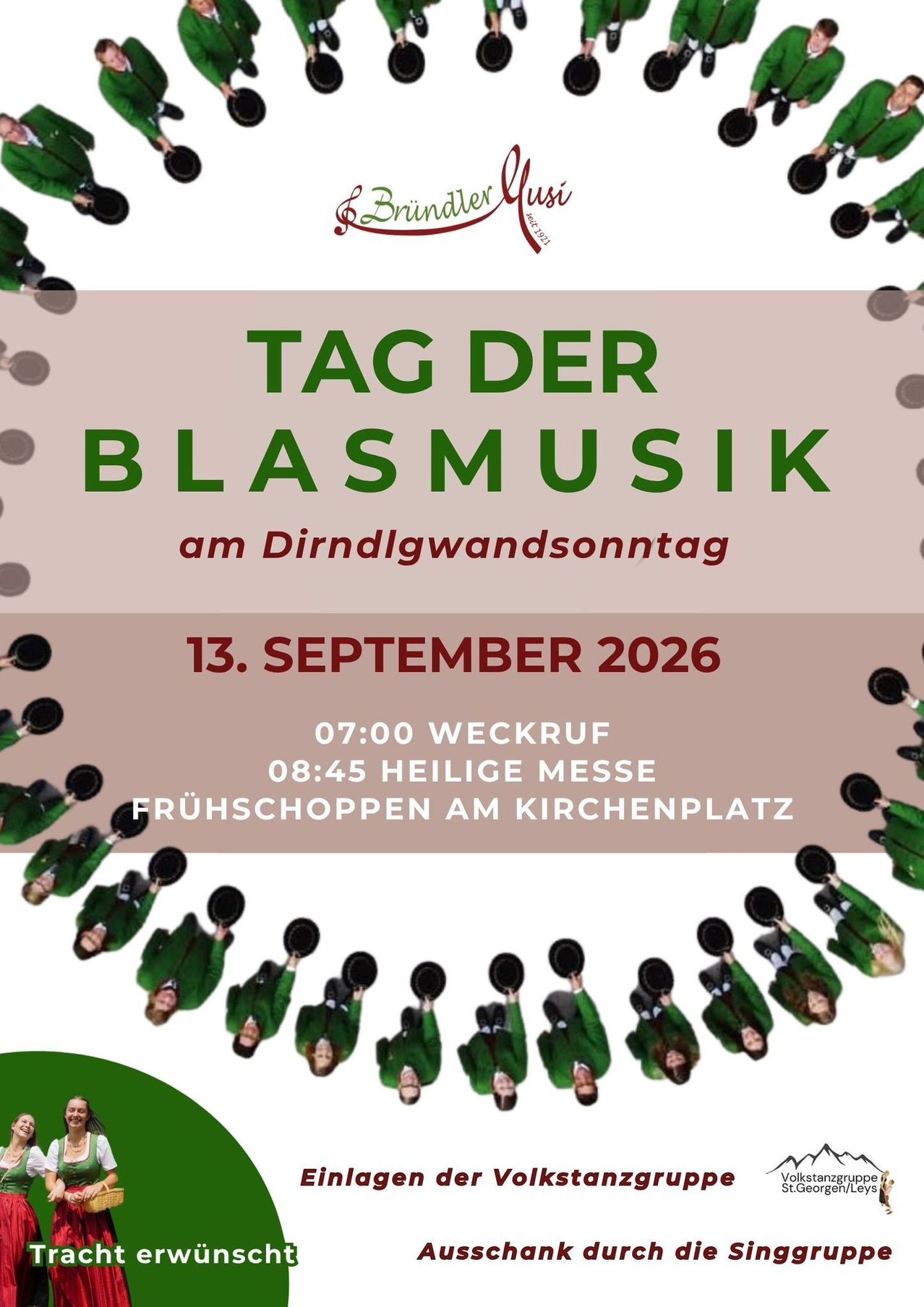 Poster for 'Tag der Blasmusik' event on September 13, 2026, featuring musicians in green uniforms holding hats. Event starts at 7:00 AM with a wake-up call and ends with a holy mass at 8:45 AM.
