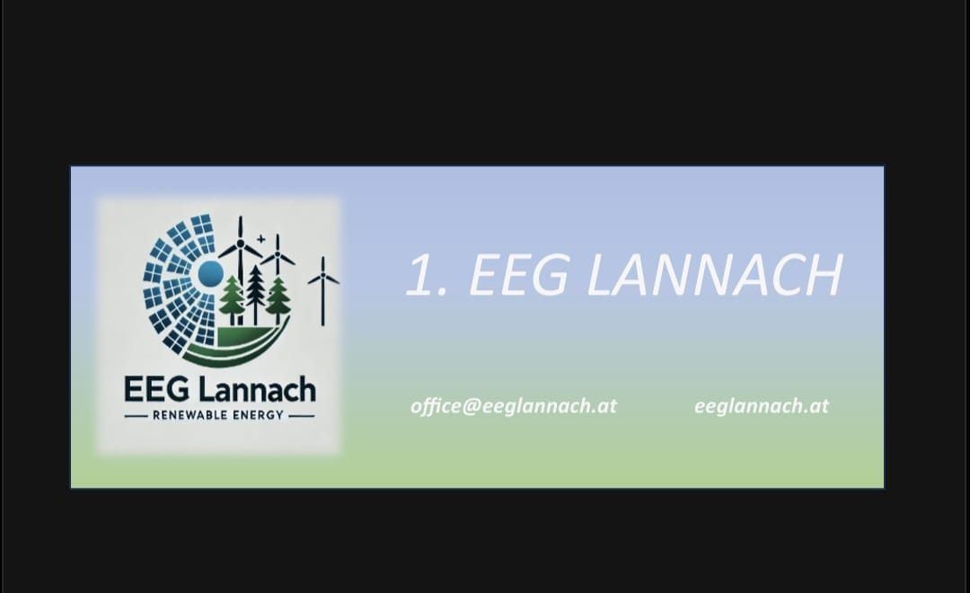 Das Bild zeigt das Logo von 1. EEE Lannach, das erneuerbare Energien darstellt. Unten sind Kontaktdaten: office@eeglannach.at und eeglannach.at. Der Hintergrund ist ein Farbverlauf von Blau und Grün.