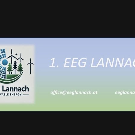 Das Bild zeigt das Logo von 1. EEE Lannach, das erneuerbare Energien darstellt. Unten sind Kontaktdaten: office@eeglannach.at und eeglannach.at. Der Hintergrund ist ein Farbverlauf von Blau und Grün.