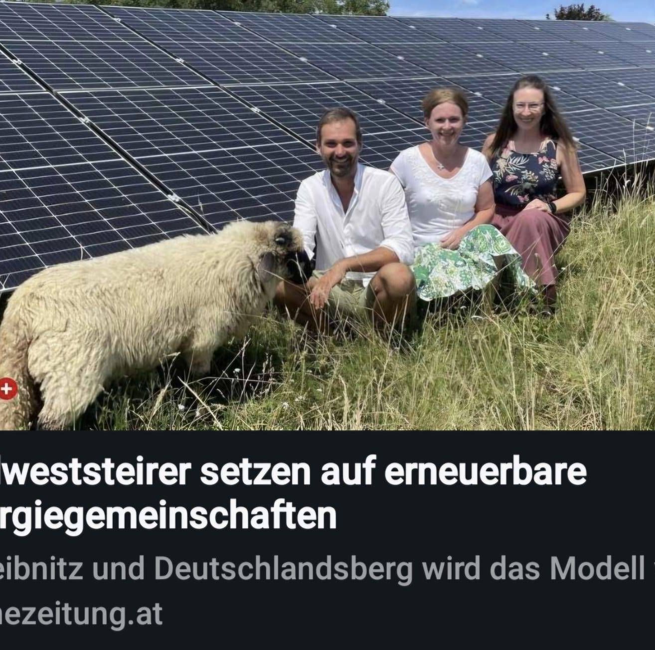 Drei Menschen sitzen lächelnd mit einem Schaf auf Gras neben Solarpanelen. Der Text lautet 'West Steirer setzen auf erneuerbare Energiegemeinschaften'.