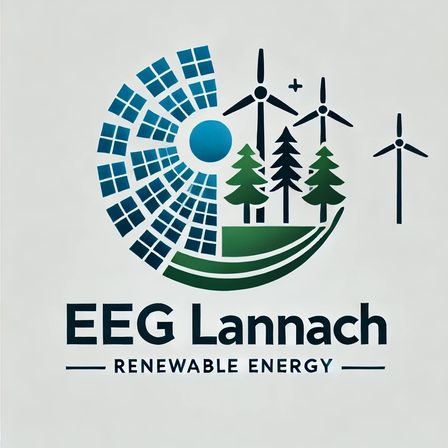 Das EEG Lannach Logo zeigt eine Sonne mit Solarpanelen, Windturbinen und Bäumen auf weißem Hintergrund. Der Text lautet EEG Lannach Erneuerbare Energie.