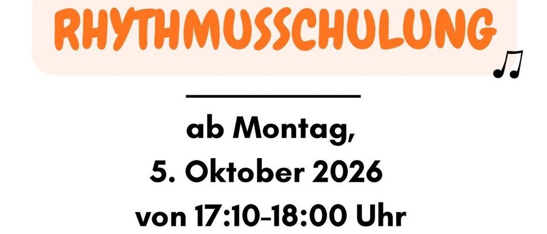 Plakat für einen Rhythmus-Musikkurs, der am 5. Oktober 2026 von 17:10 bis 18:00 Uhr in der Gnas Musikschule beginnt.