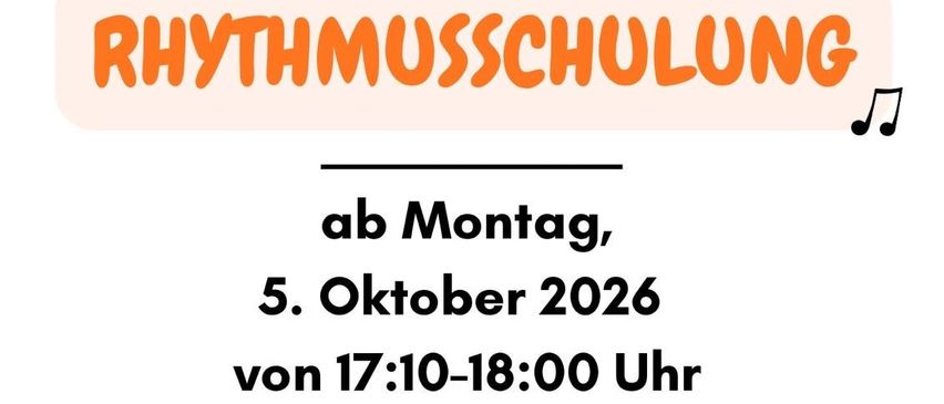 Plakat für einen Rhythmus-Musikkurs, der am 5. Oktober 2026 von 17:10 bis 18:00 Uhr in der Gnas Musikschule beginnt.